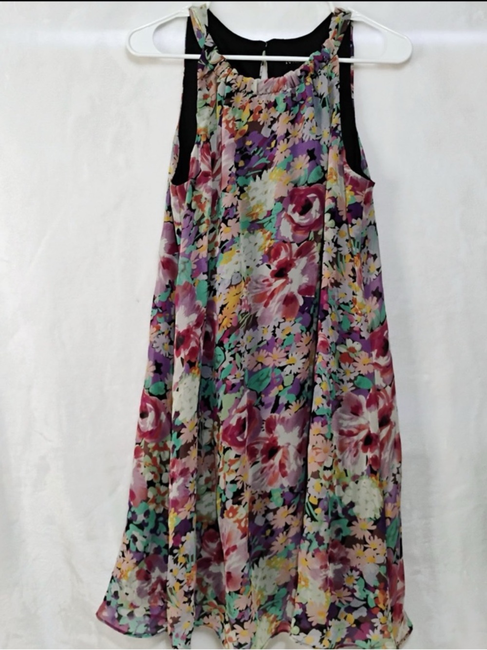 MSK Black Dress with Pink and Lavender Floral Trim, Fit And Flare